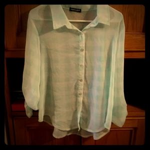Pale aqua and white plaid button down shirt